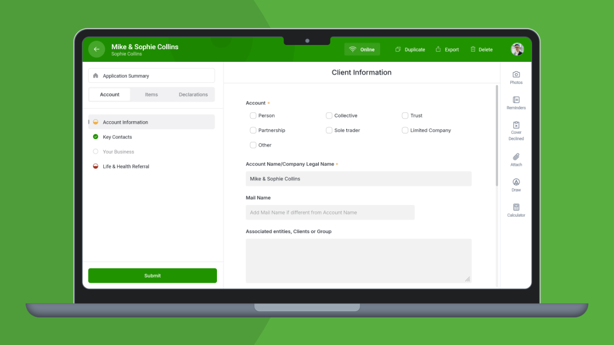 Screenshot of custom application for FMG